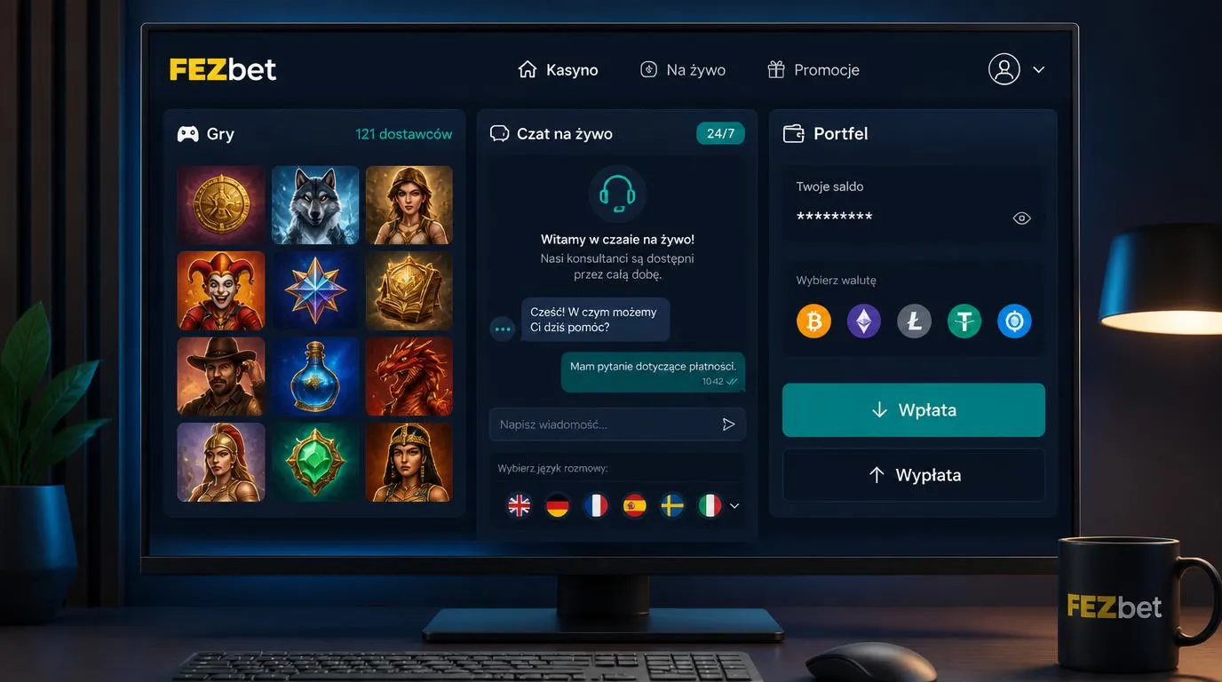Panel kasyna z katalogiem gier, całodobowym czatem i opcjami wpłat oraz wypłat w kryptowalutach