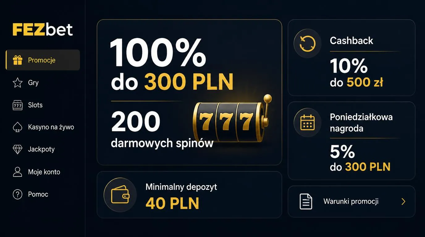 Panel promocji kasyna z bonusem 100% do 300 PLN, 200 spinami, depozytem 40 PLN i nagrodami tygodniowymi