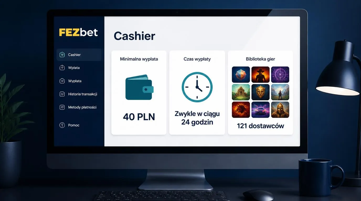 Panel kasyna z depozytem 40 PLN, zegarem wypłaty do 24 godzin i biblioteką gier od 121 dostawców